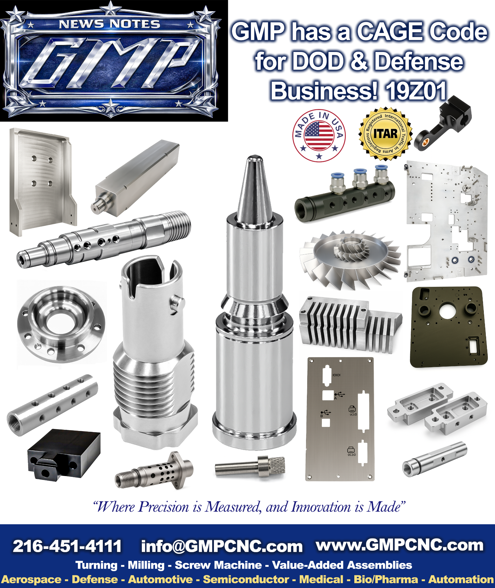 GMP News Notes: a selection of machined components, with turning, milling, screw machining and value-added assembly capabilities; CAGE code 19Z01 and GMP contact details